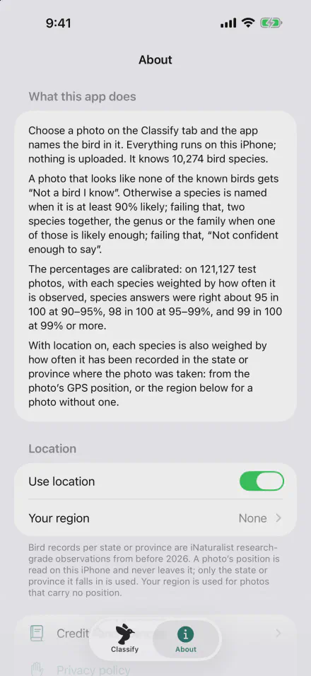 About screen: what the app does, how its percentages are calibrated, and the location settings