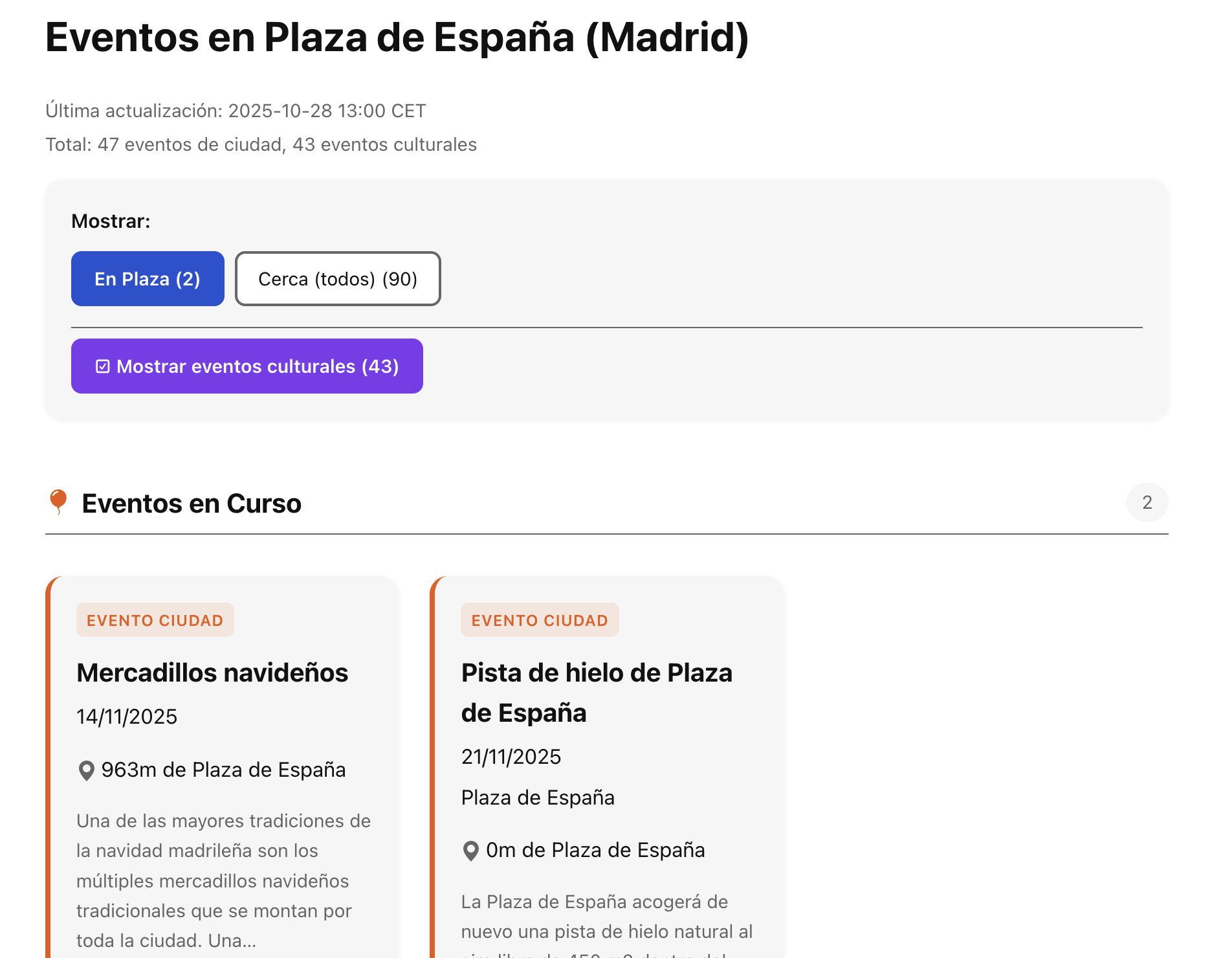 Plaza España events page showing current events
