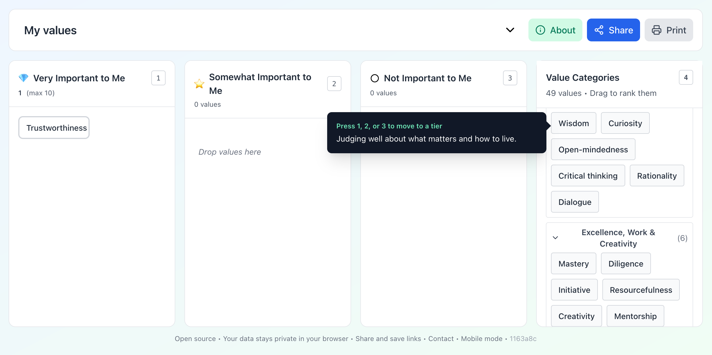 Image of the desktop (non-mobile) UI for valuetier.org