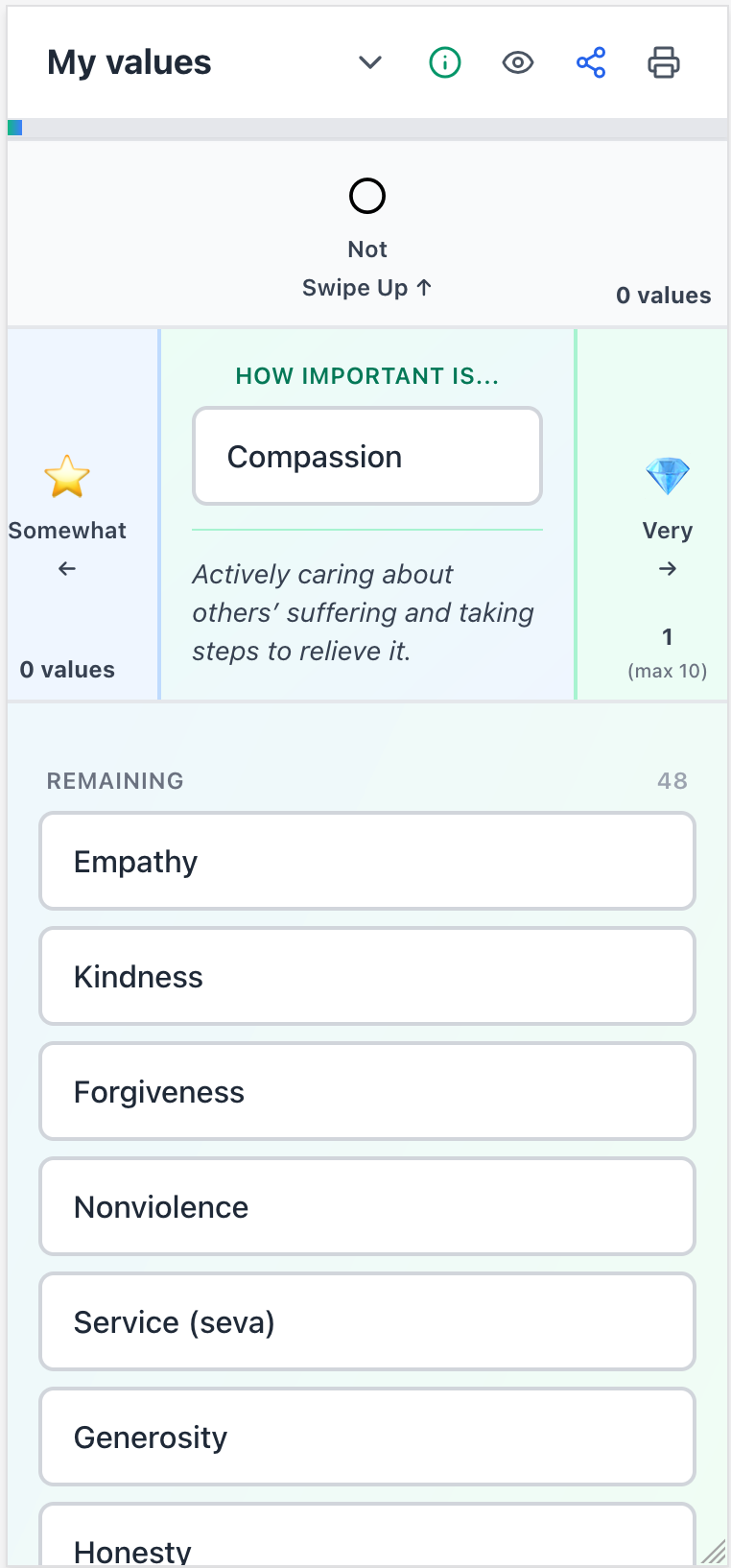 Image of the mobile UI for valuetier.org