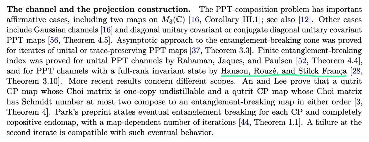 Excerpt from page 4 of the OpenAI preprint, a paragraph listing prior results on the PPT-squared conjecture, with “Hanson, Rouzé, and Stilck França” underlined in green.